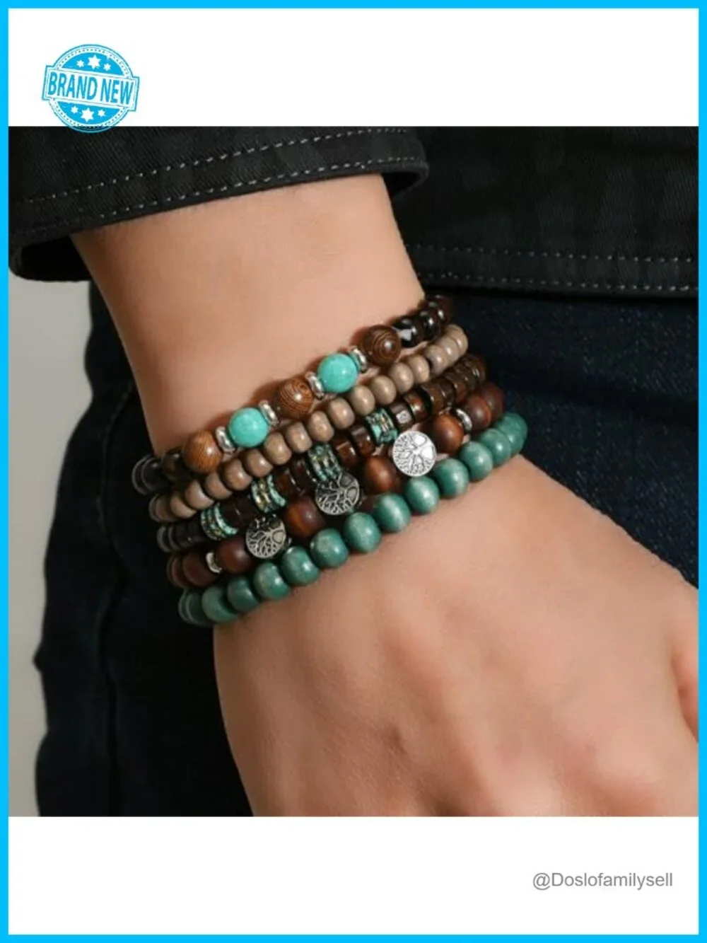 Tree of Life Beaded Bracelet Set Wood & Stone Stretch Stackable Unisex